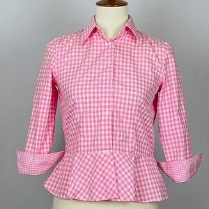 Vtg Lauren Ralph Lauren Pink Gingham Top Sz 2P Peplum Flip Cuff Preppy Coquette